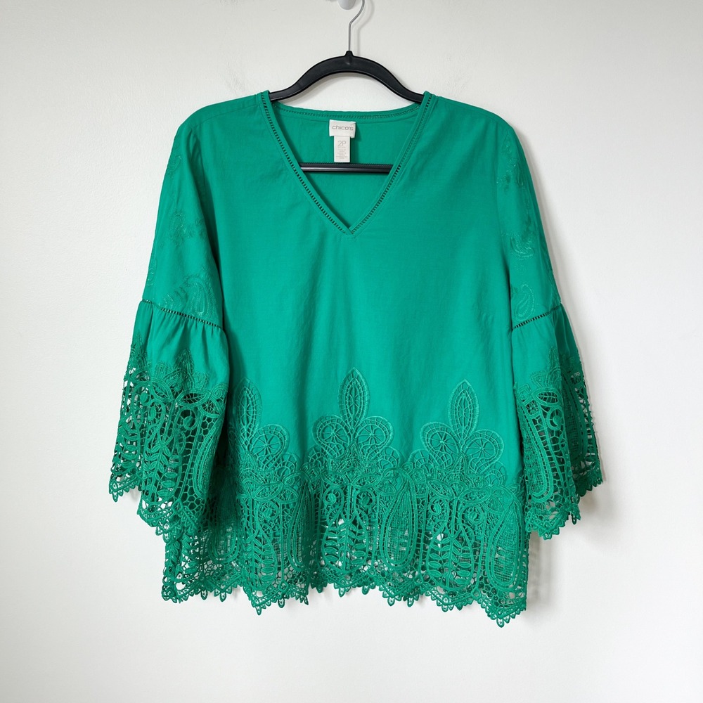 Chicos Crochet Lace Trim Embroidered Bell Sleeve Top Kelly Green 2P Large Petite
